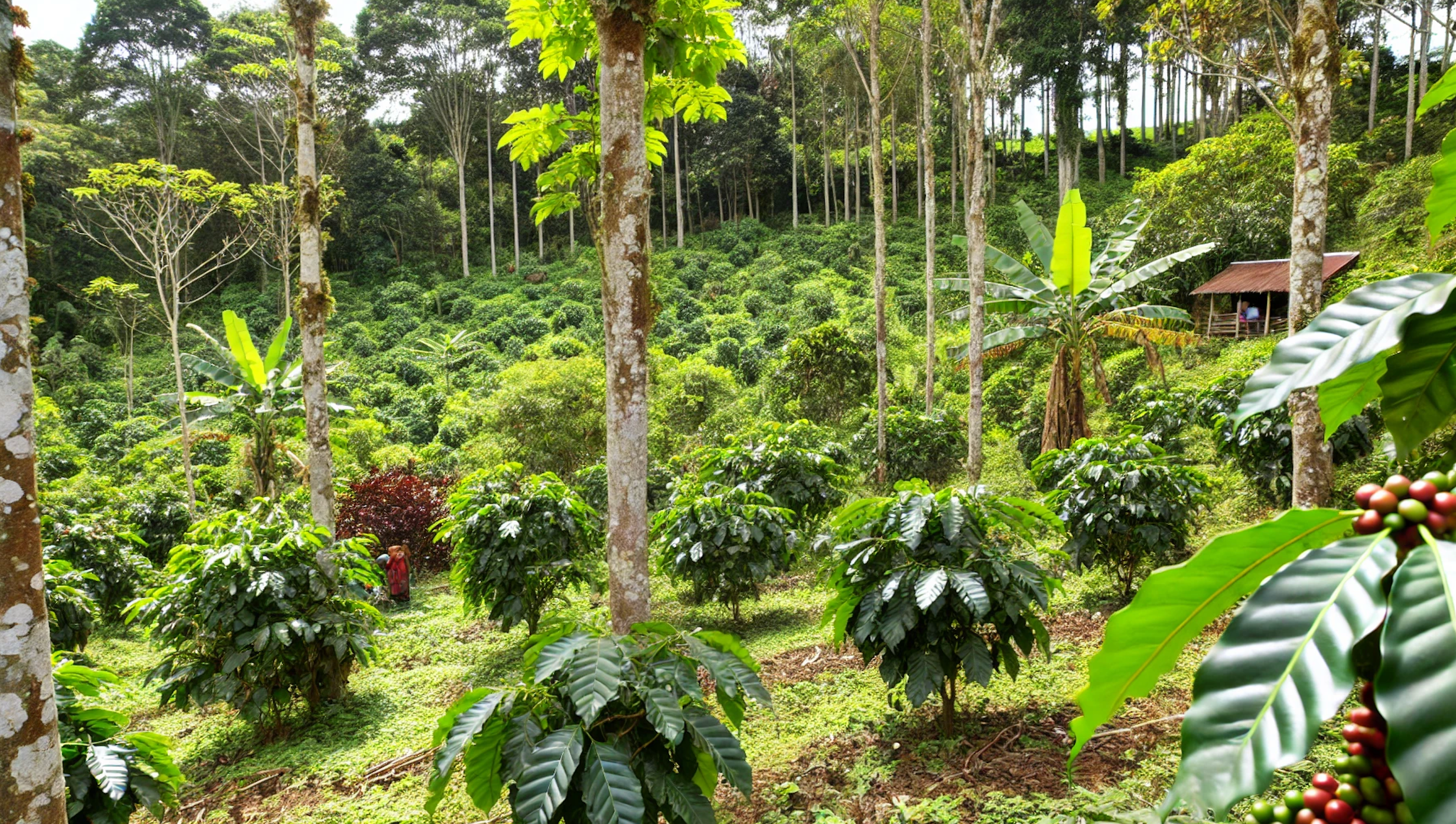 Kaffeepflanzen unter schattenspendenden Bäumen in einem Agroforstsystem